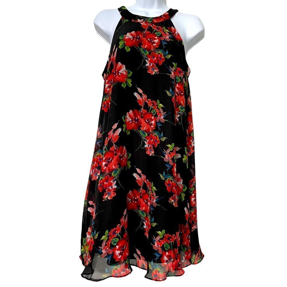 Betsey Johnson Classic Floral Halter A Line Dress Black With Red Floral Size 4